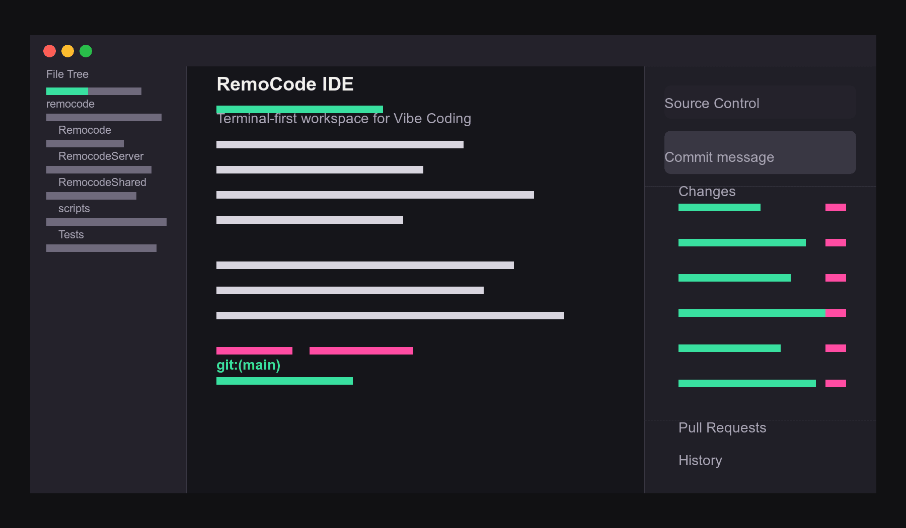 RemoCode IDE terminal, file tree, and source control interface